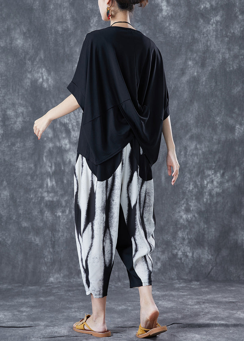 Black Patchwork Cotton Sets 2 Pieces Asymmetrical Summer