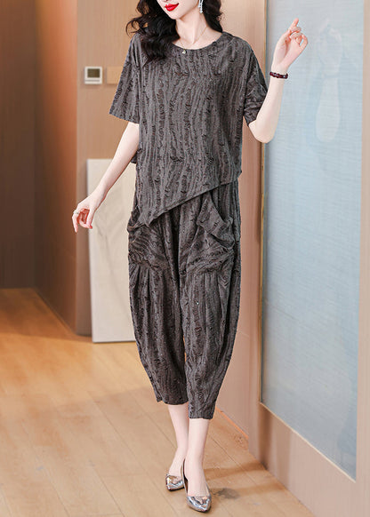Loose Grey O Neck Zircon Pockets Cotton Two Pieces Set Summer