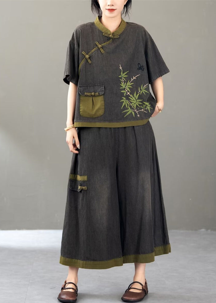 Retro Black Embroidered Pockets Denimtwo Piece Set Short Sleeve