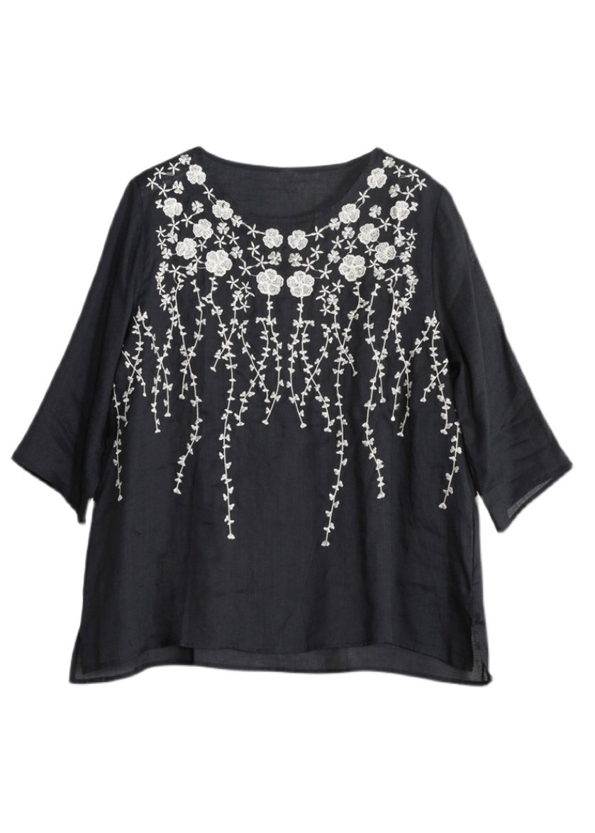 Black Embroideried Linen Top Three Quarter Sleeve