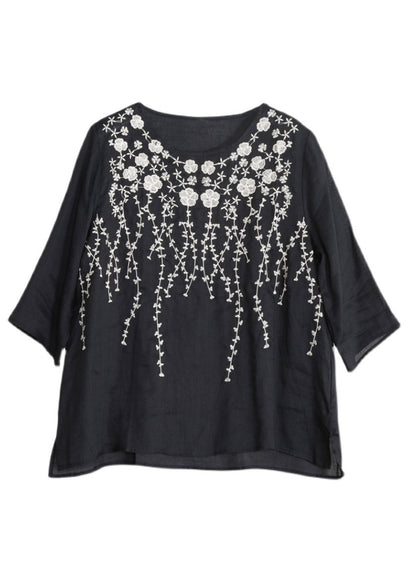 Black Embroideried Linen Top Three Quarter Sleeve