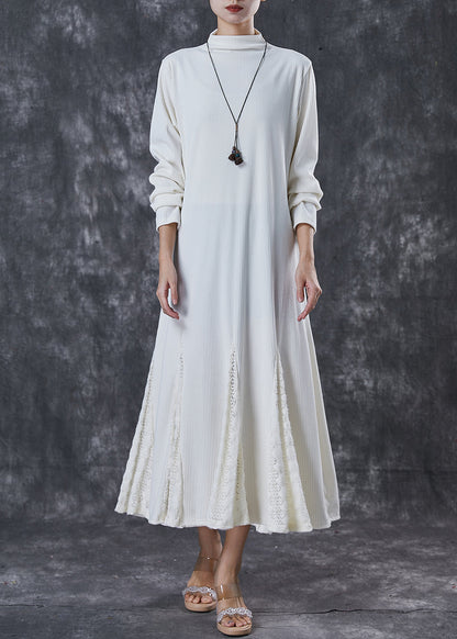 French White Stand Collar Patchwork Lace Knit Ankle Dress Spring