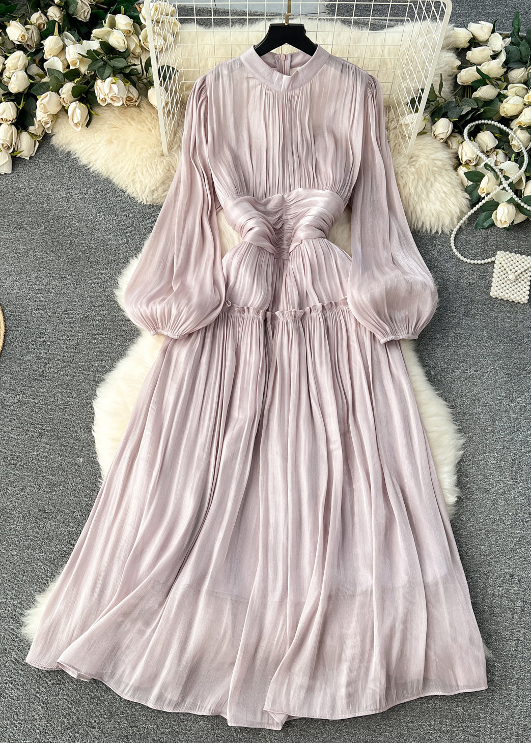 Light Purple Wrinkled Patchwork Silk Cotton Dress Long Sleeve