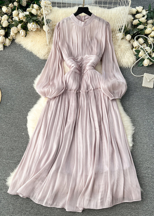Light Purple Wrinkled Patchwork Silk Cotton Dress Long Sleeve