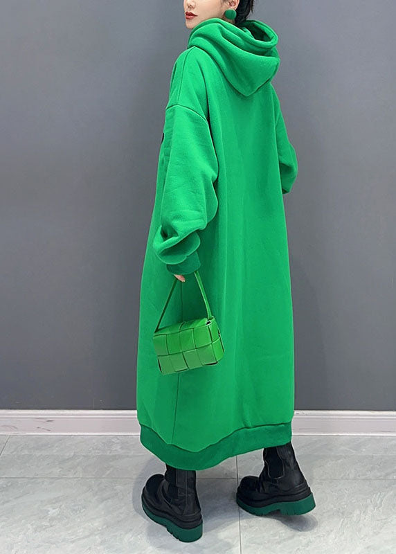 Green Print Cotton Hooded Maxi Dress Fall