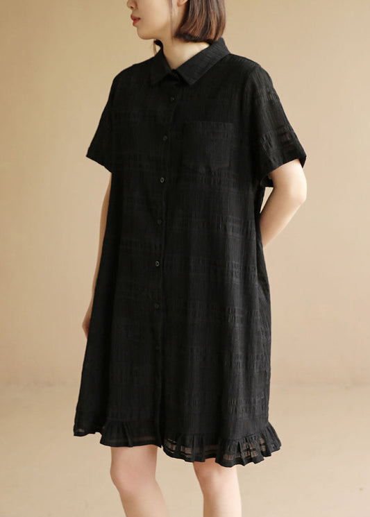 Black Peter Pan Collar Patchwork Ruffles Holiday Dress Short Sleeve