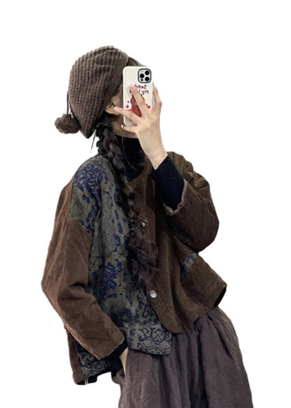 Black Print Asymmetrical Corduroy Fine Cotton Filled Jacket Winter