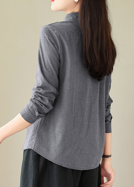 Grey Peter Pan Collar Plaid Cotton Shirts Top Spring