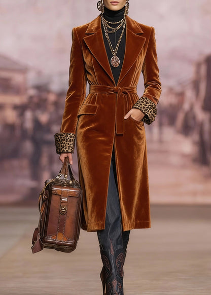 Brown Peter Pan Collar Lace Up Velvet Coat Spring