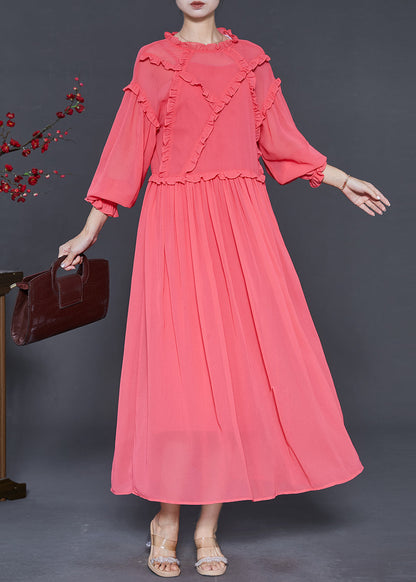 Brick Red Ruffled Chiffon Ankle Dress Spring