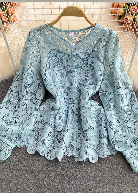 French Blue O-neck Hollow Out Tunitc Lace Top Long Sleeve