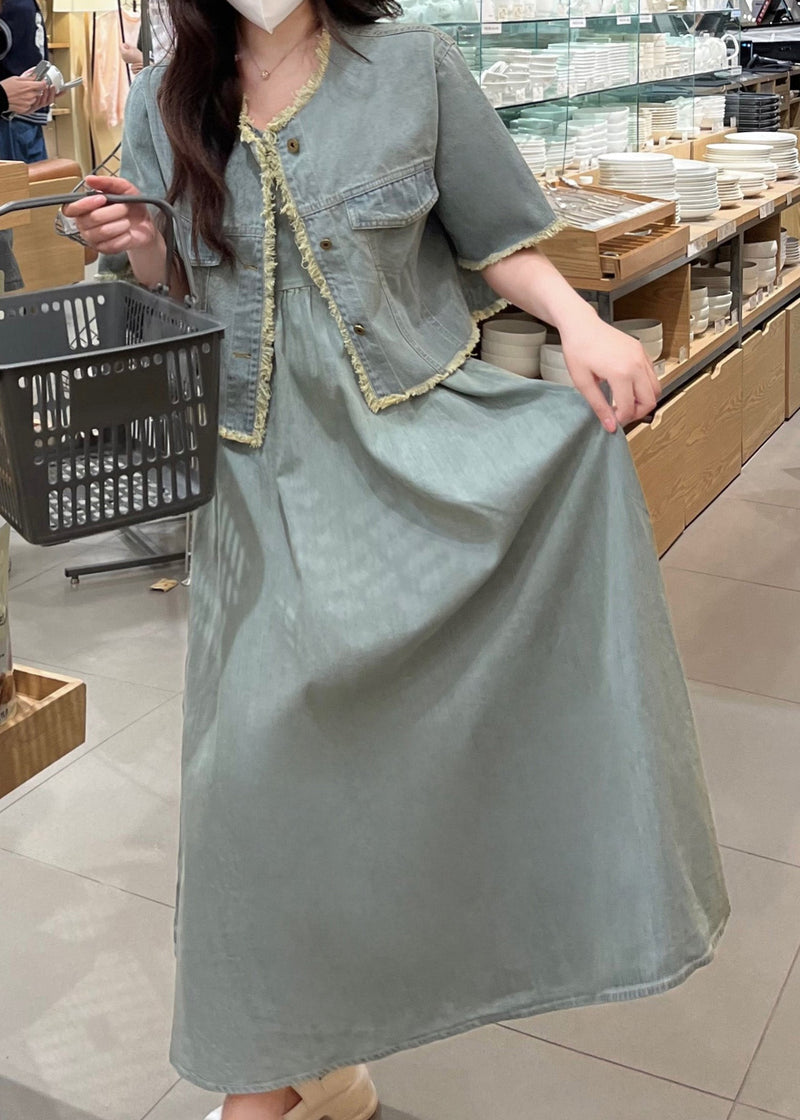 Denim Blue O-neck Patchwork Coats and Long Dress Two Piece Set Short Sleeve