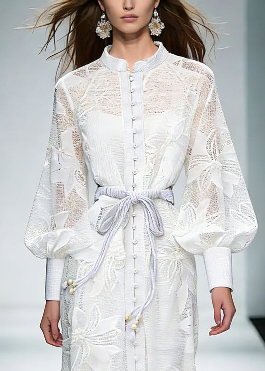 White Stand Collar Tie Waist Maxi Shirts Dresses Lantern Sleeve