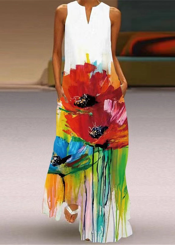 Diy Pink V Neck Print Pockets Long Dress Sleeveless