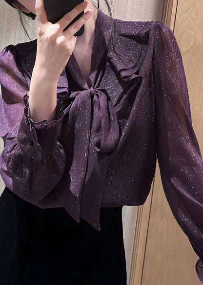 Unique Purple Bow Ruffled Shirt Fall