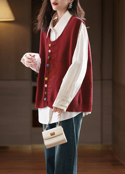 New Chinese Style Red Vest and Shirts Two Pieces Set Fall