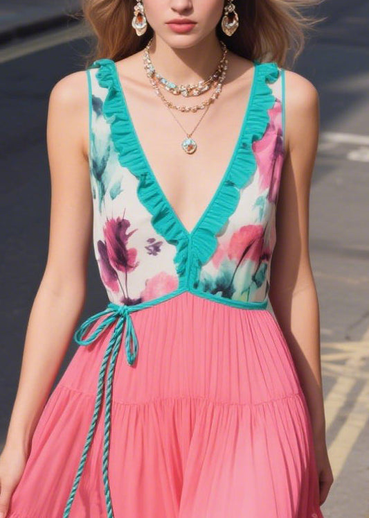 Green Ruffled Patchwork Chiffon Sun Dresses Summer
