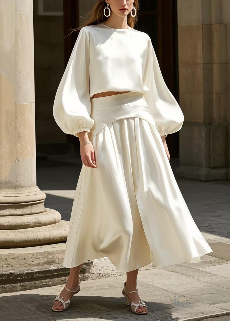 French White Exra Large Hem Draping Silk Two Pieces Set Lantern Sleeve