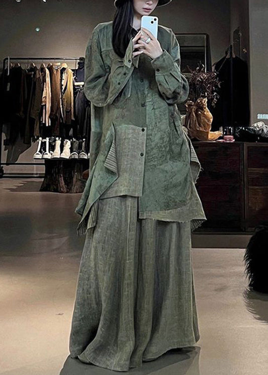 Green Print Patchwork Shirts and Maxi Skirts Two Pieces Set Fall