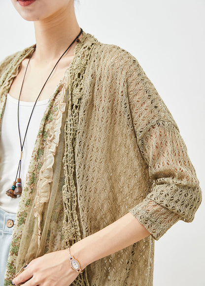 Green Ruffled Patchwork Hollow Out Lace Cardigans Fall