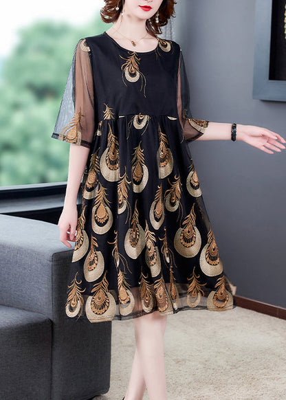 Black Embroideried Tulle Patchwork Wrinkled Chiffon Dress Half Sleeve