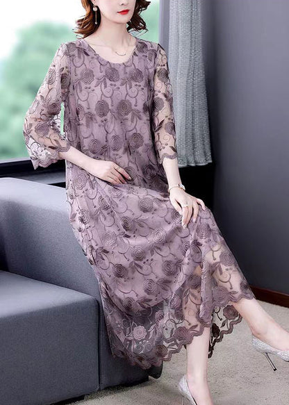 French Grey Purple O-neck Embroideried Tulle Dresses Three Quarter Sleeve