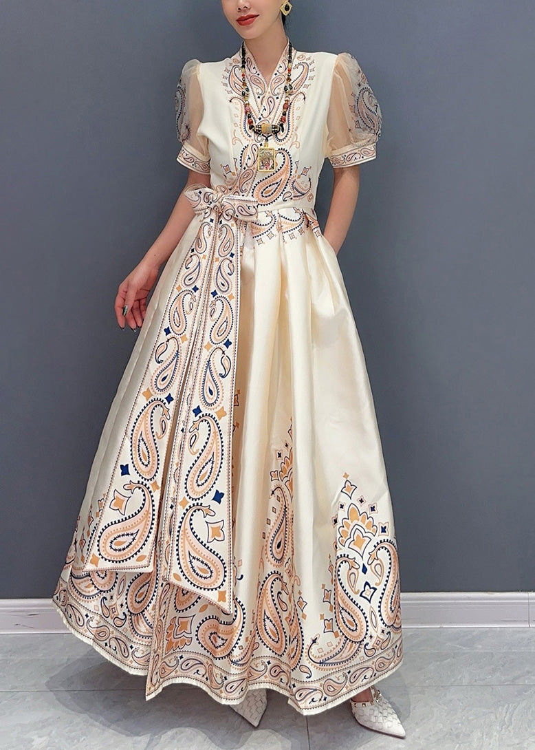 Beige Print Pockets Silk Long Dress Summer