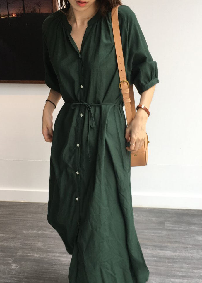 Tea Green Side Open Cotton Shirt Long Dress Half Sleeve