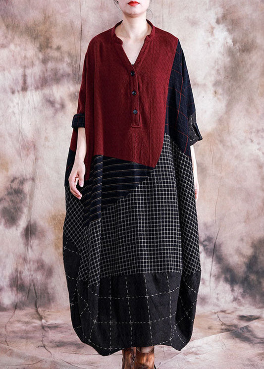 Plaid Stripe Patchwork V-neck Half Button Front Maxi Dresses