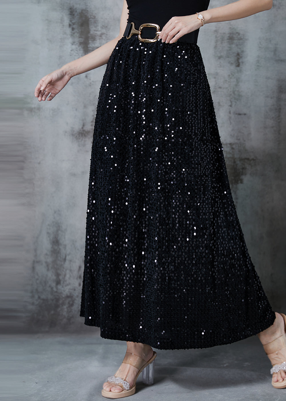 Stylish Black Sequins Cotton a Line Skirts Fall