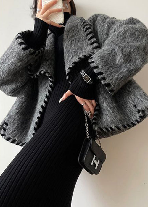Loose Grey Pockets Patchwork Coat and Skirts Wool Two Pieces Set Long Sleeve