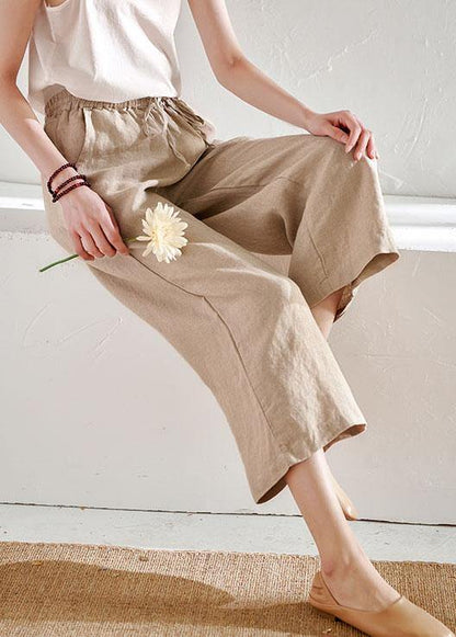Beige Pockets Wide Leg Summer Pants Linen