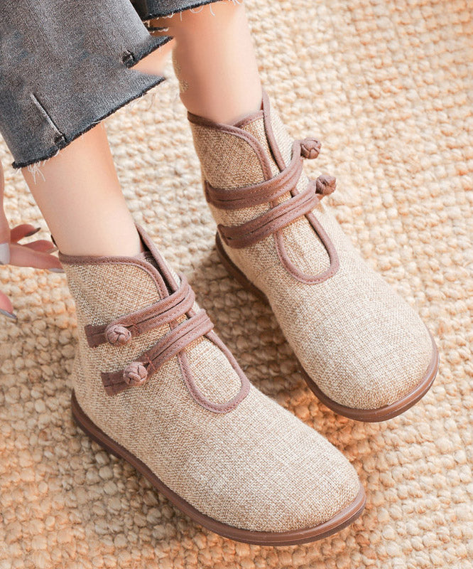 Buckle Strap Ankle Boots Khaki Comfy Cotton Fabric