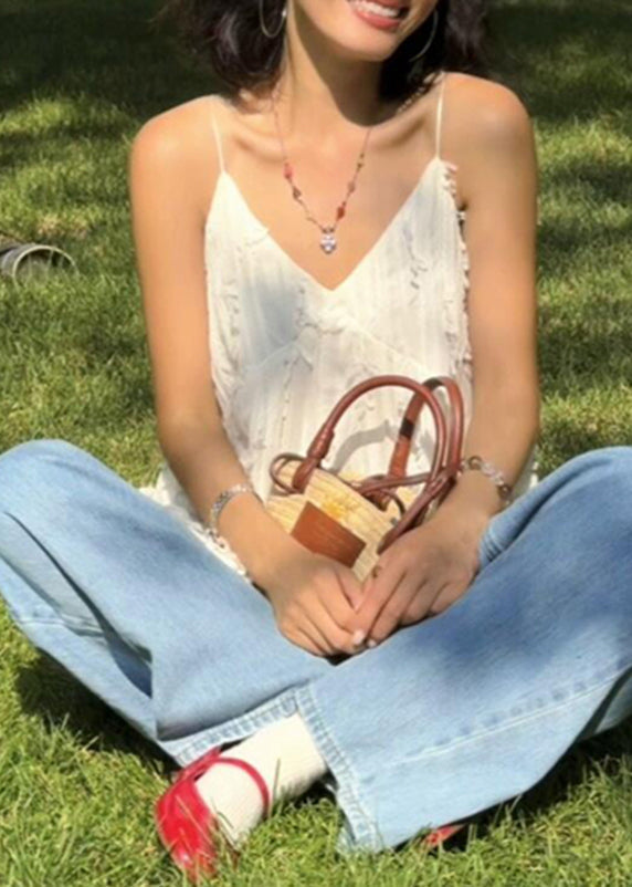 White V Neck Ruffled Cotton Spaghetti Strap Tank Sleeveless