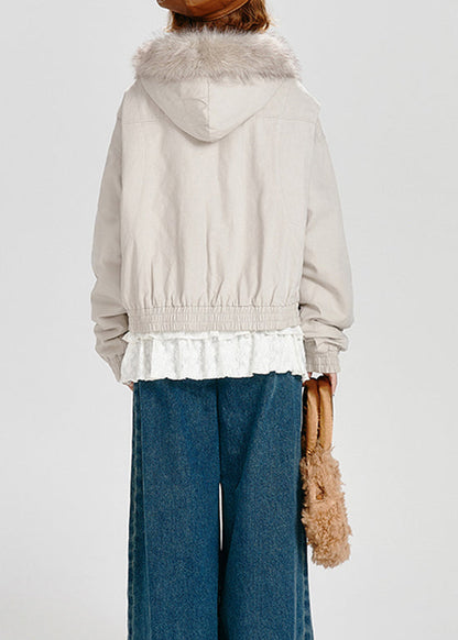 Zip Up Fuzzy Fur Patchwork Fine Cotton Filled Hooded Jacket Winter
