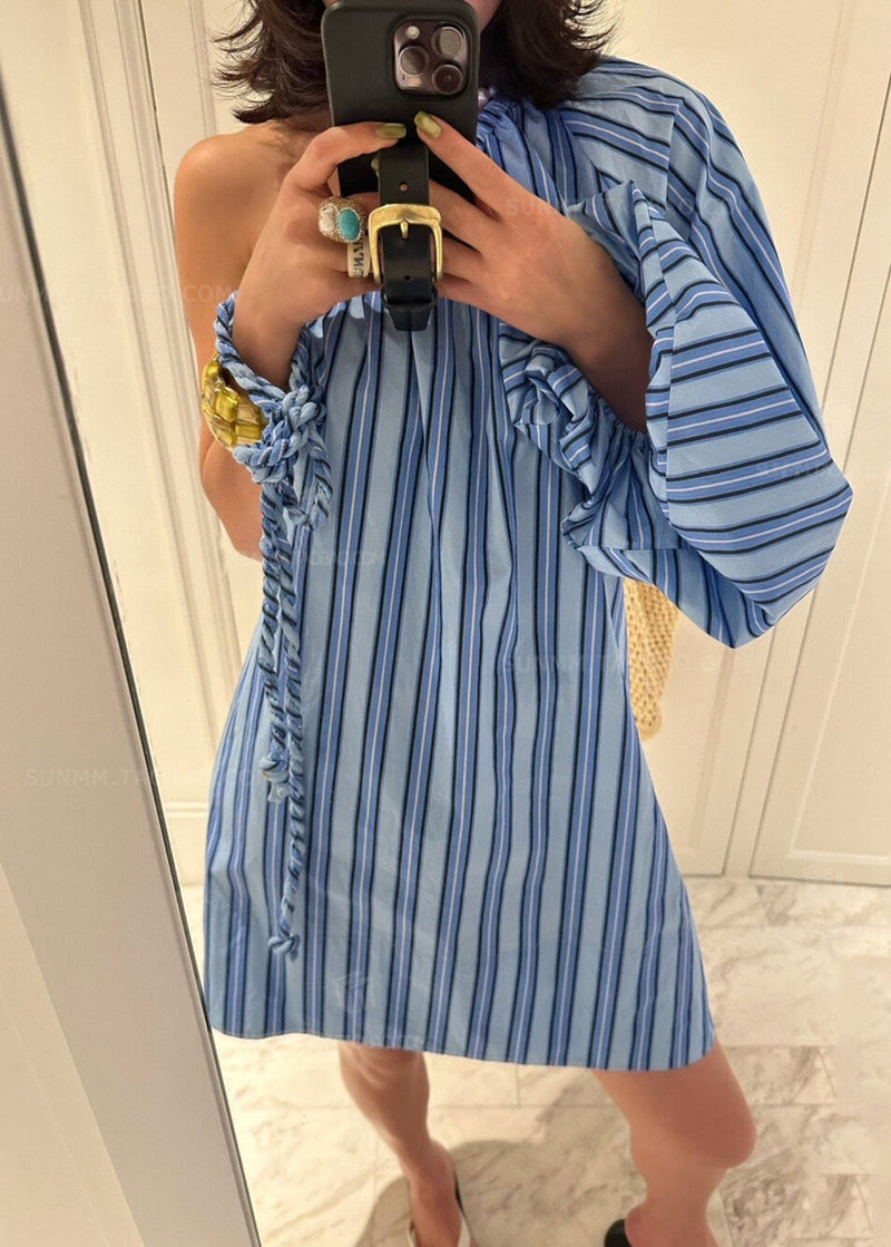 Blue Asymmetrical Striped Cotton Mid Dress Long Sleeve