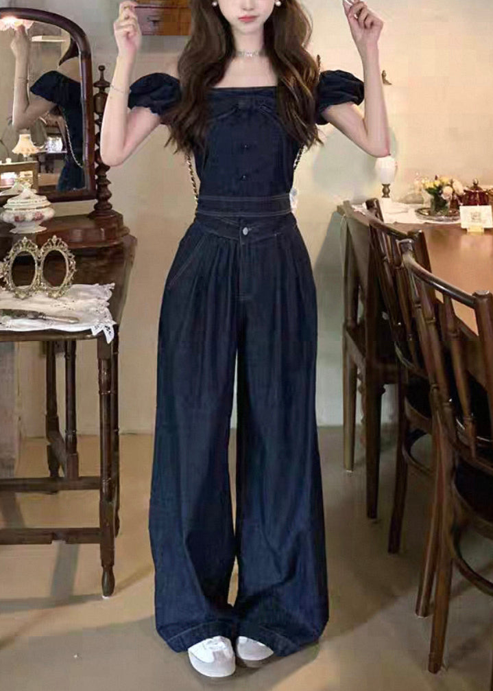 Modern Blue Slash Neck Bow Tops and Wide Leg Pants Denim Two Pieces Set Summer