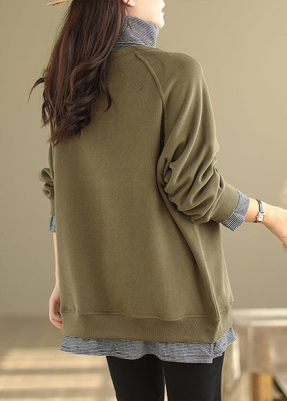 Green Hign Neck Patchwork Warm Fleece Pullover Winter