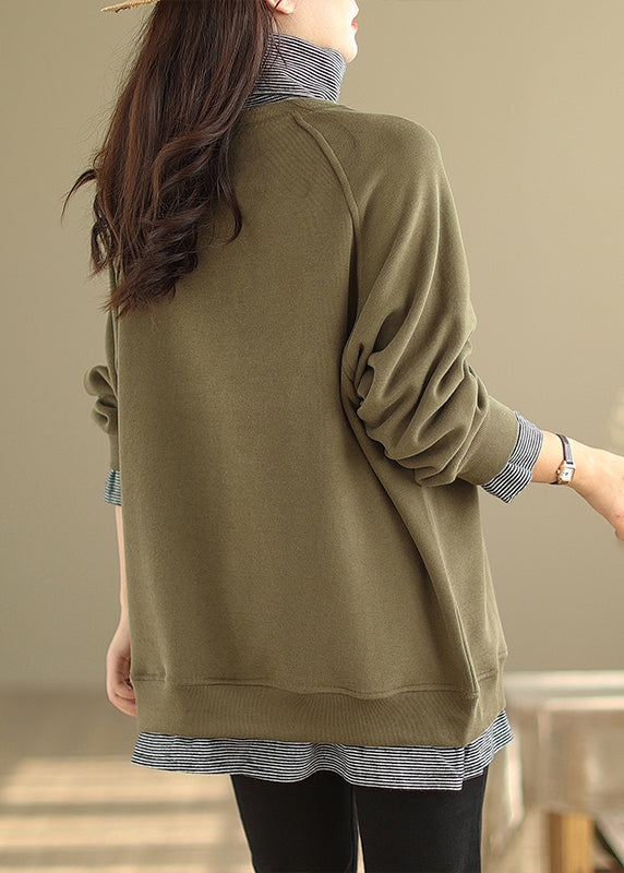 Green Hign Neck Patchwork Warm Fleece Pullover Winter