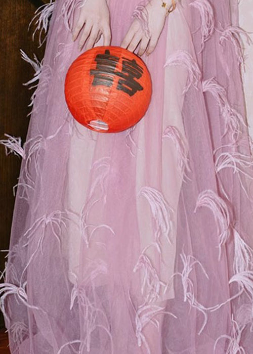 Pink O Neck Feather Patchwork Tulle Maxi Dress Sleeveless