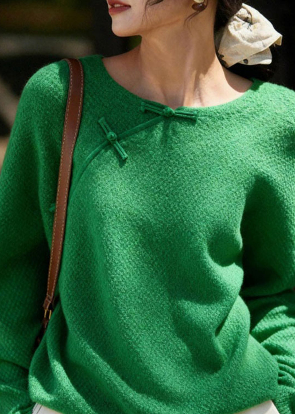 Chinese Style Green O-neck Patchwork Cozy Cotton Knit Sweater Fall