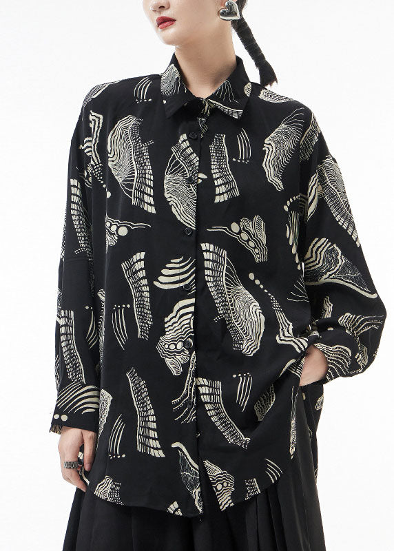 Black Button Peter Pan Collar Chiffon Blouses Spring