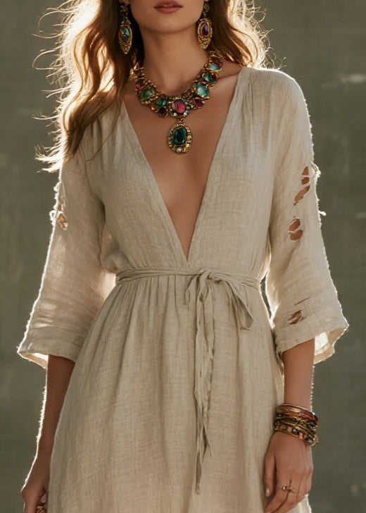 Beige Tie Waist Ripped Linen Vacation Dress Bracelet Sleeve