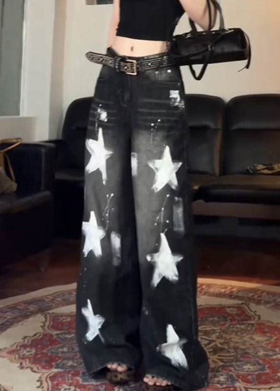 Black Five Pointed Star High Waist Denim Wide Leg Pants Fall