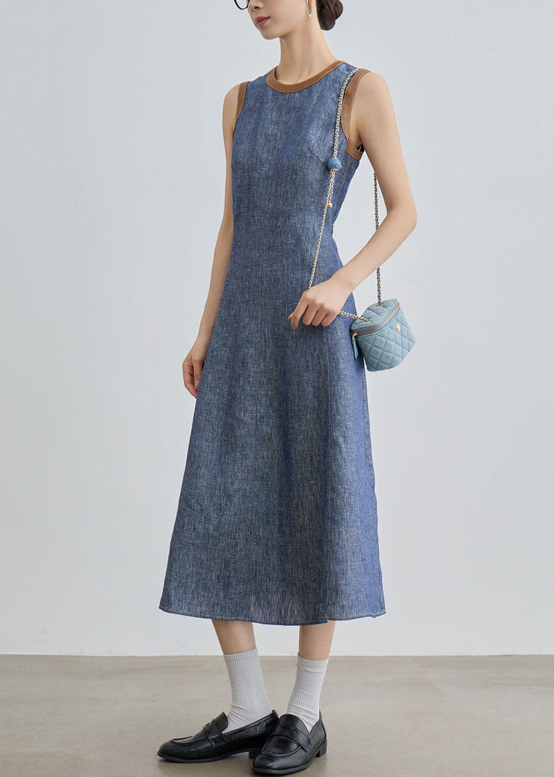 Fitted Blue O Neck Patchwork Denim Long Dress Sleeveless