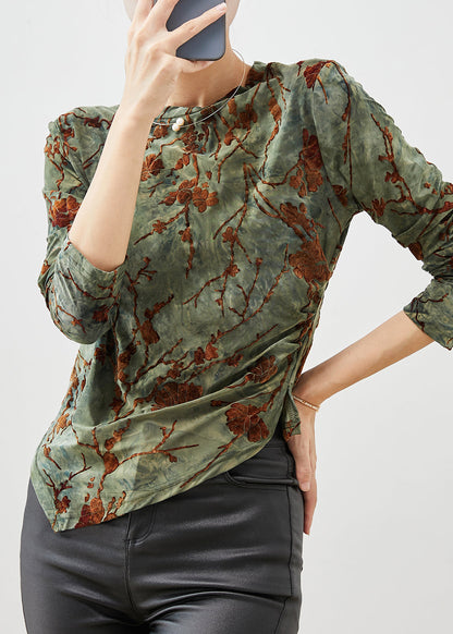 Green Jacquard Asymmetrical Silm Fit Velour Blouses Spring