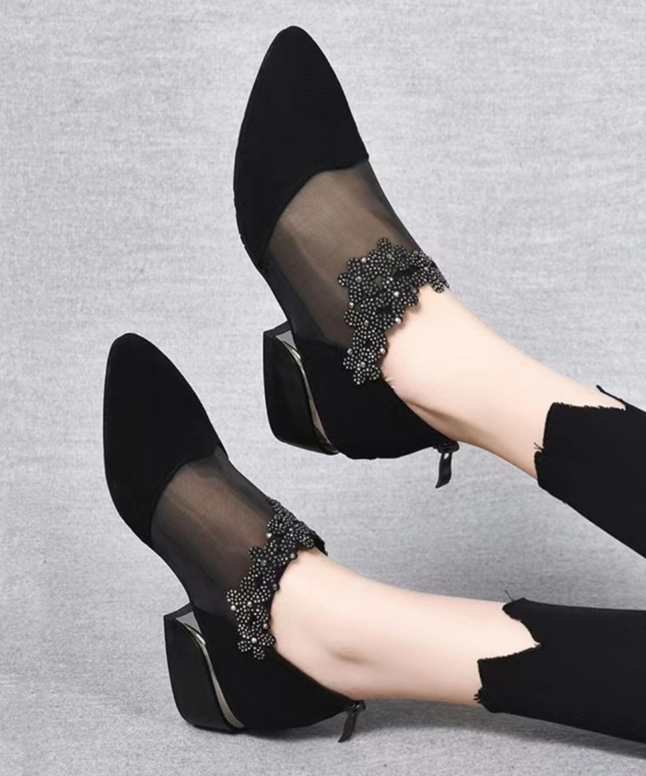 Black Suede Tulle Splicing Zircon High Heels