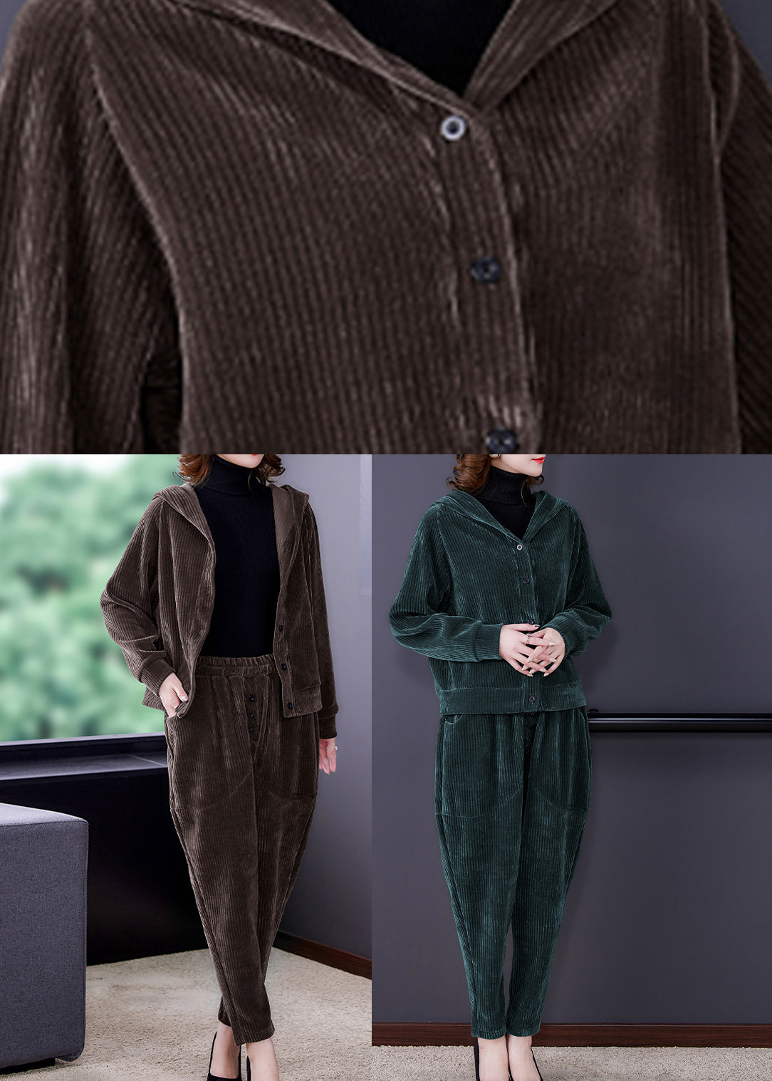 Loose Green Button Hooded Corduroy Coats and Harem Pants Two Pieces Set Long Sleeve