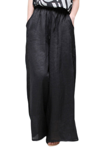 Modern Black Pockets Embroideried Elastic Waist Linen Wide Leg Pants Summer