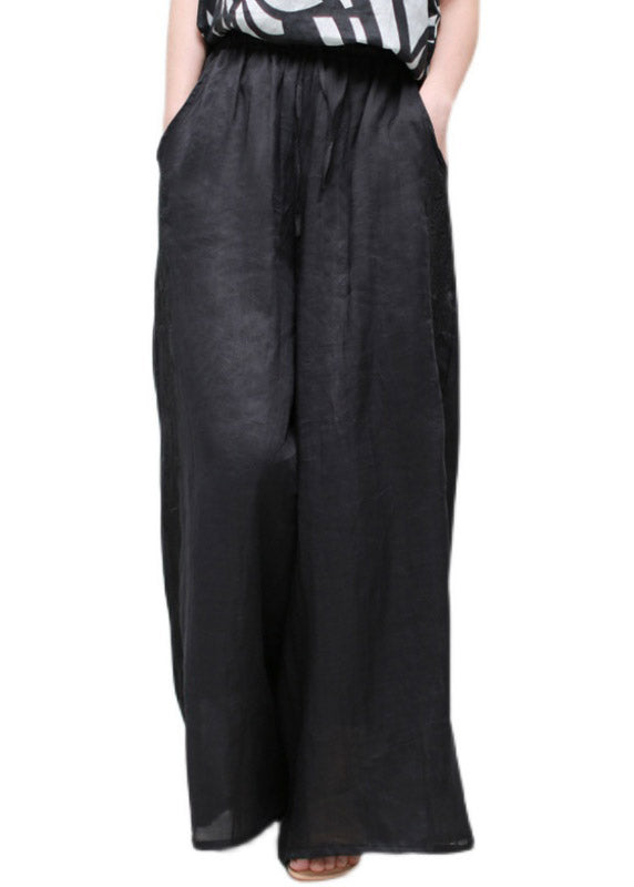 Modern Black Pockets Embroideried Elastic Waist Linen Wide Leg Pants Summer